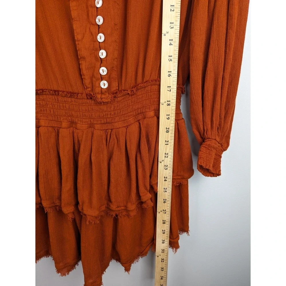 Free People Womens Romy Mini Dress XS Smocked Ruffle Tiered Orange Boho Festival